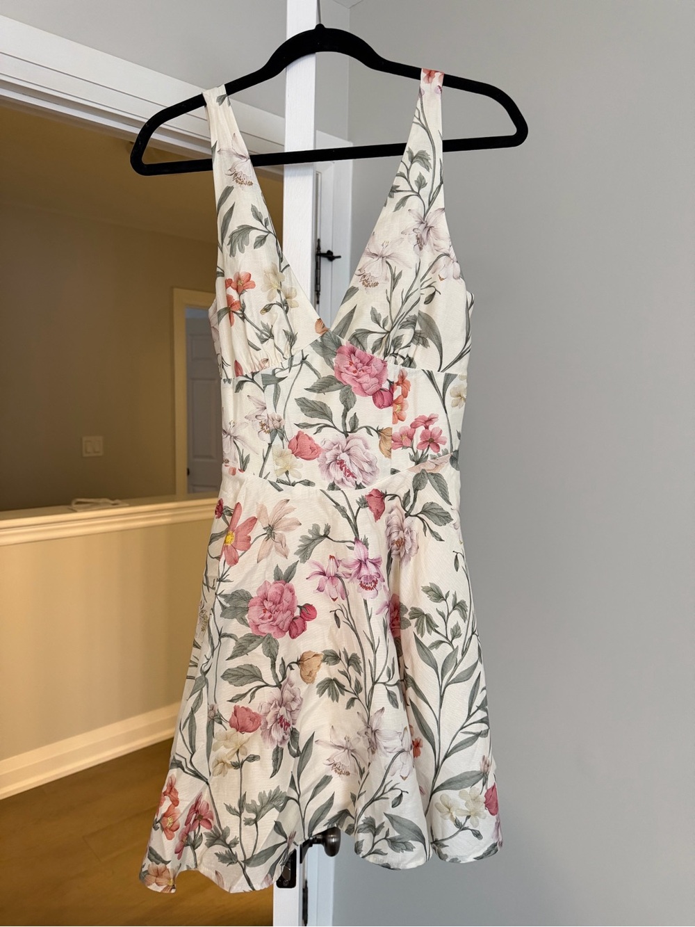 Dynamite Floral V-Neck Mini Dress in Cream with Pink Accents